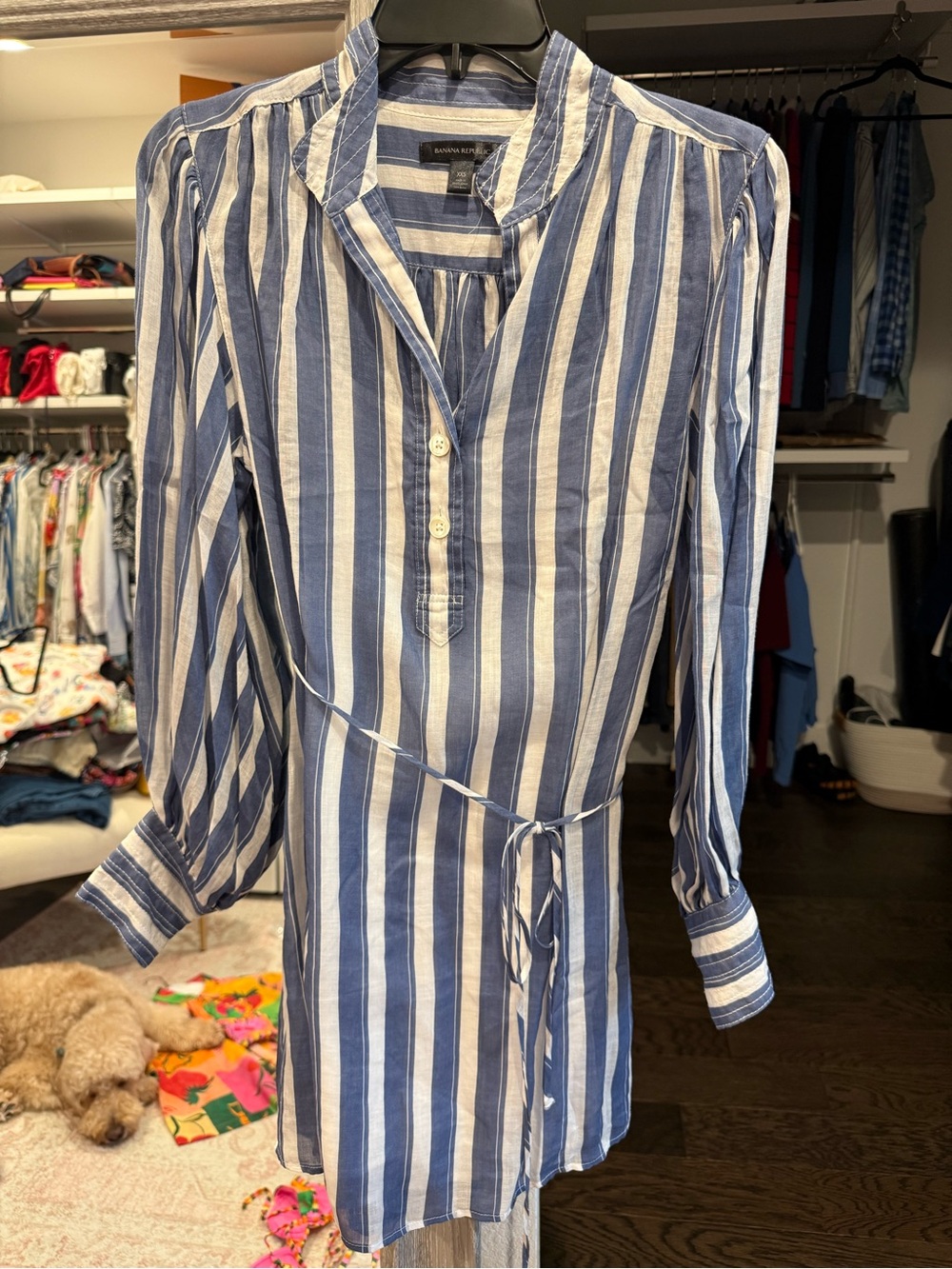 Banana Republic Blue and White Vertical-Stripe Shirt Dress
